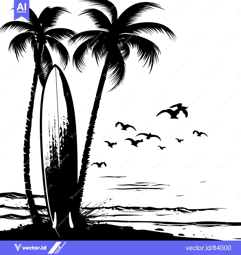 Premium Vector dari Palm Trees, Surfboard, and Birds on a Beach