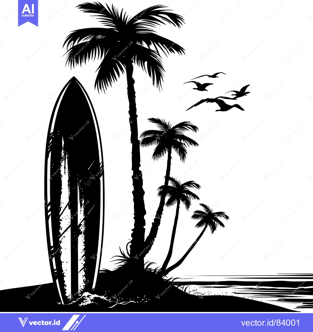 Premium Vector of Silhouette of a surfboard and palm trees on the beach