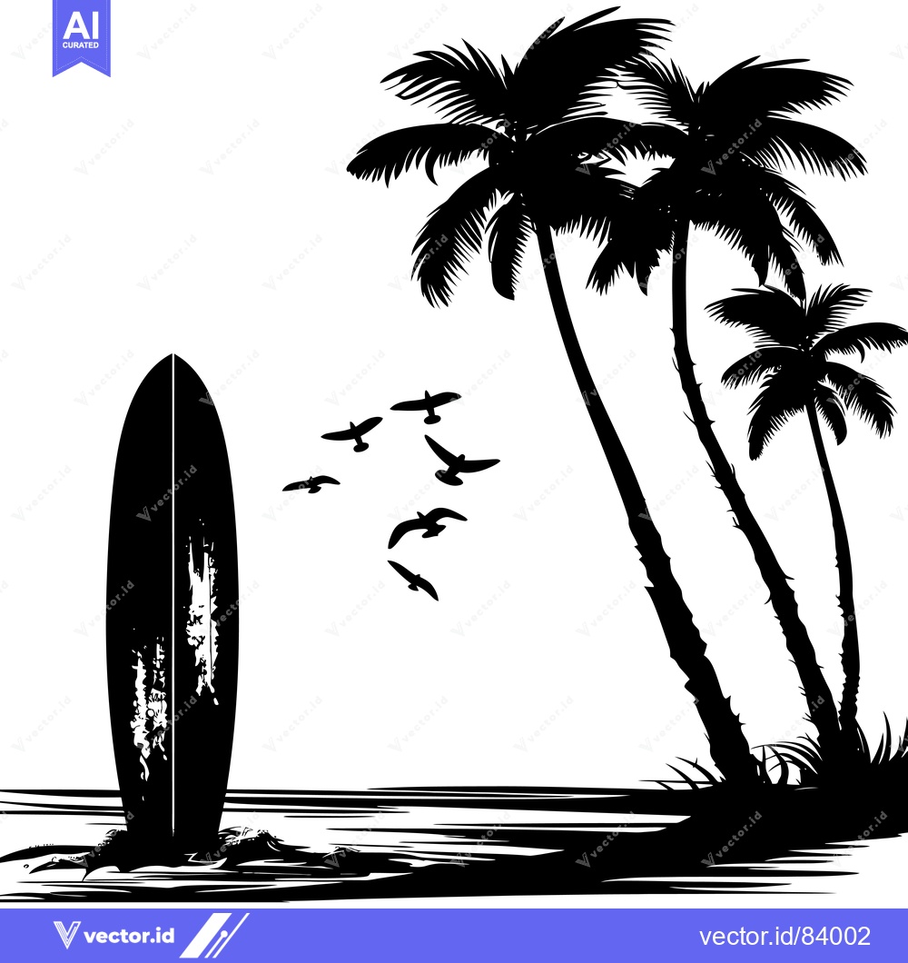 Premium Vector of Black and White Silhouette of a Surfboard by Palm Trees