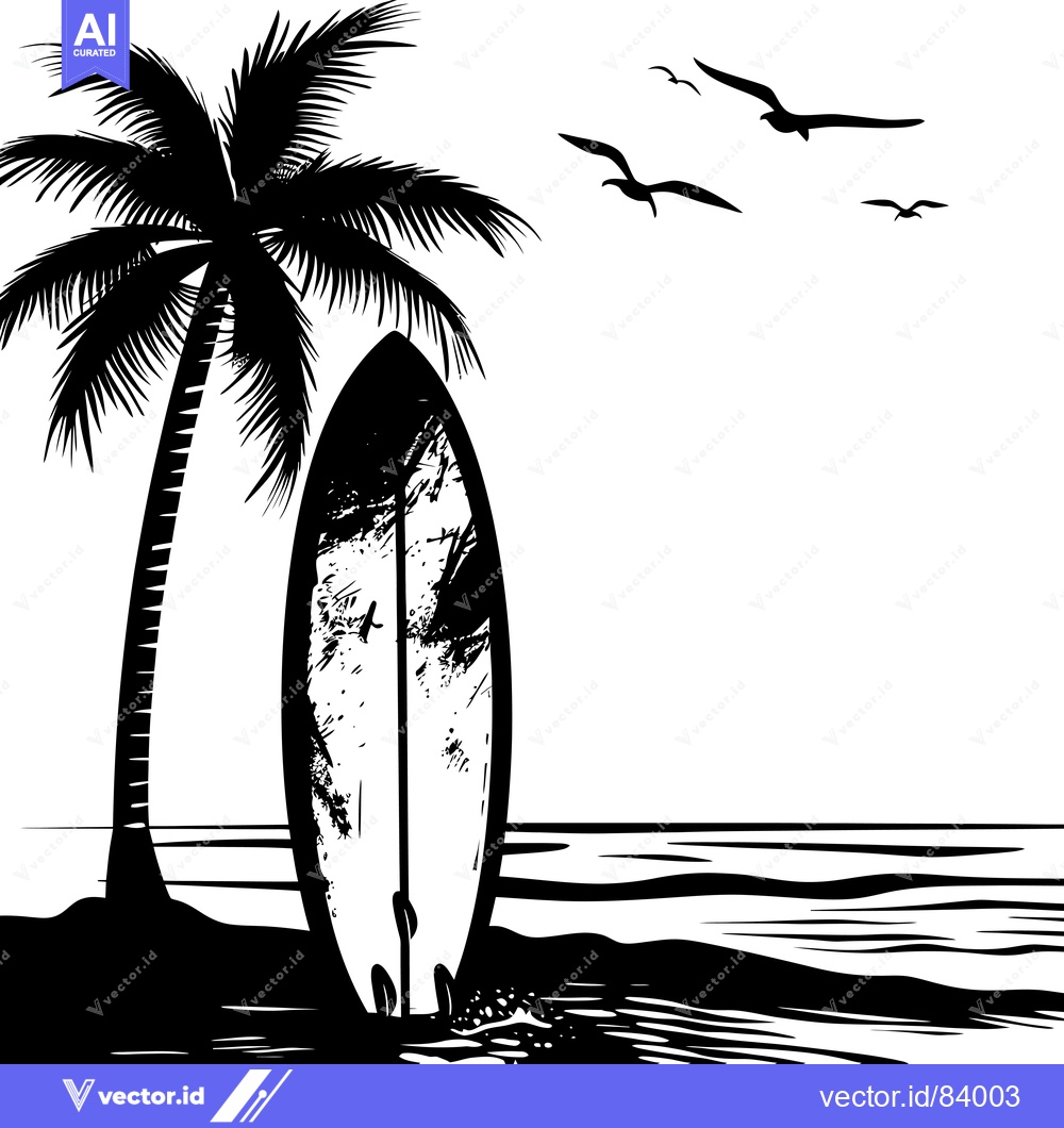 Premium Vector dari A surfboard leans against a palm tree on a beach with seagulls flying