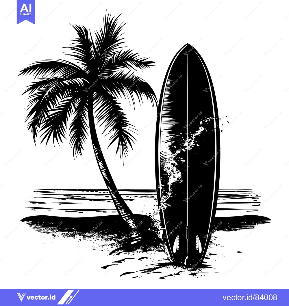 Premium Vector dari Black and White Illustration of a Surfboard on a Beach with a Palm Tre