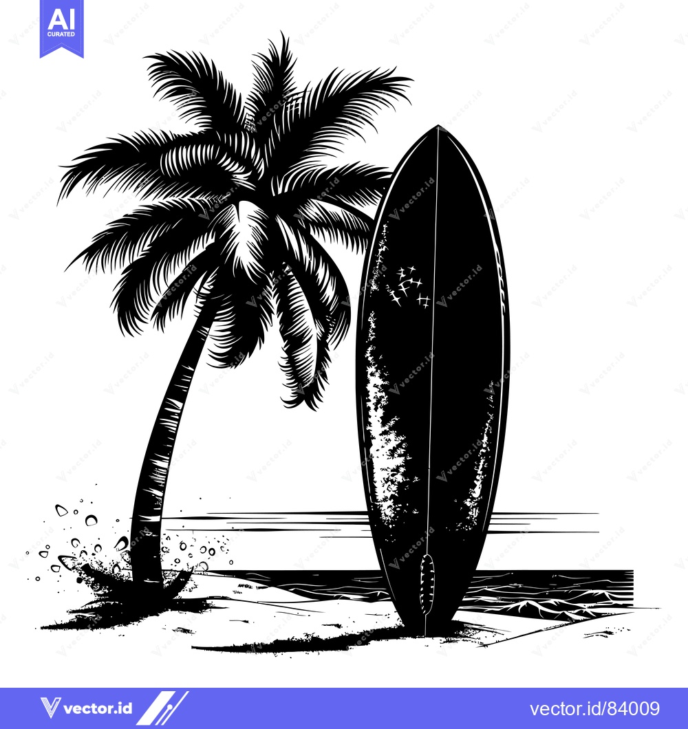 Premium Vector dari Palm Tree and Surfboard on a Beach