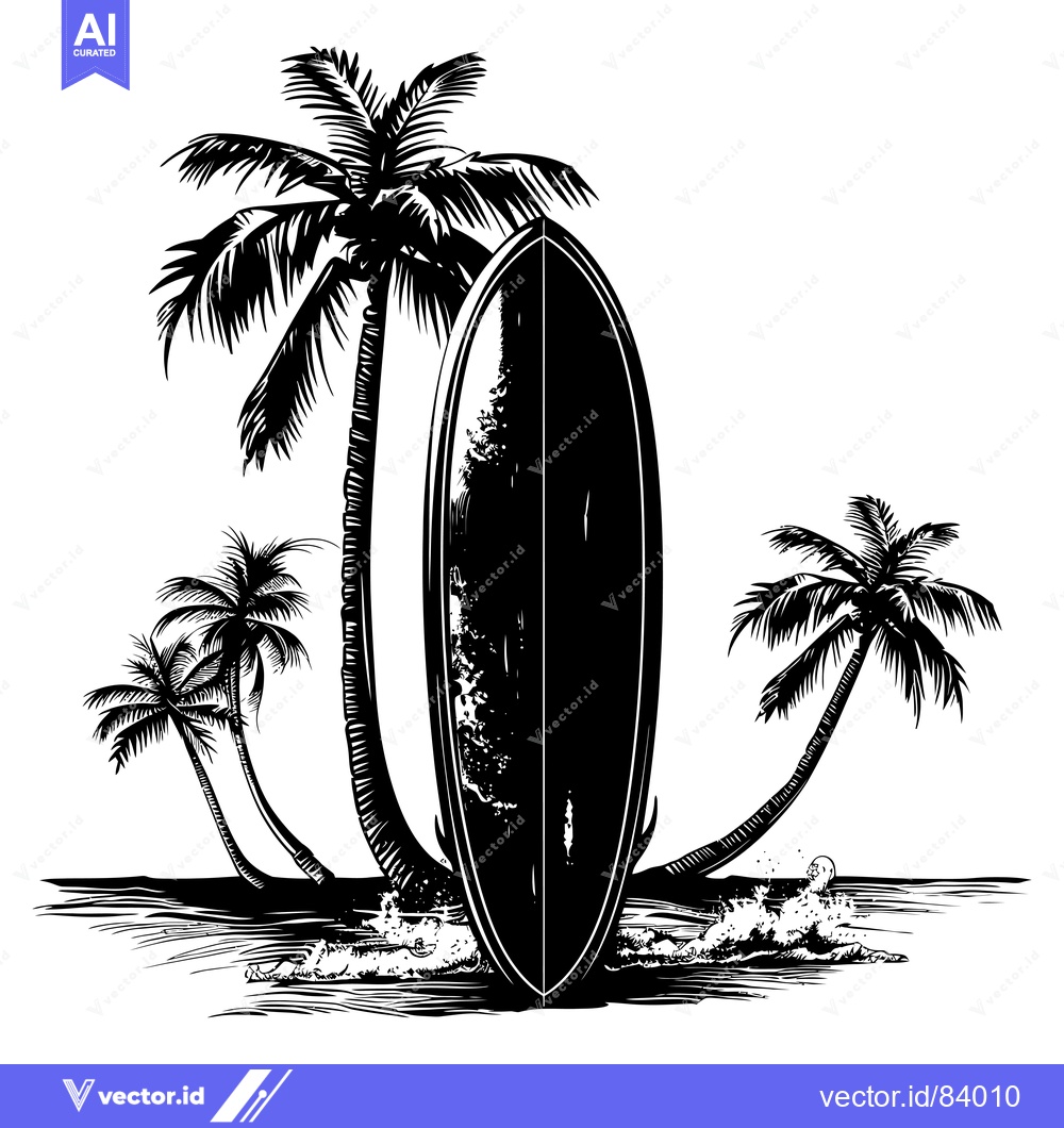 Premium Vector dari A Surfboard Standing Upright in the Ocean With Palm Trees in the Backg