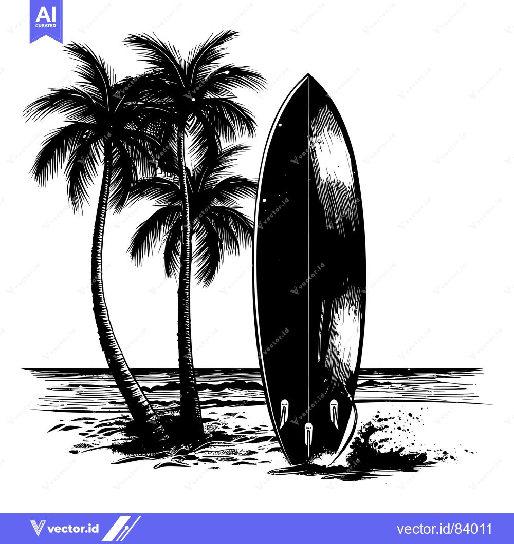 Premium Vector dari Black and White Illustration of a Surfboard on a Beach with Palm Trees