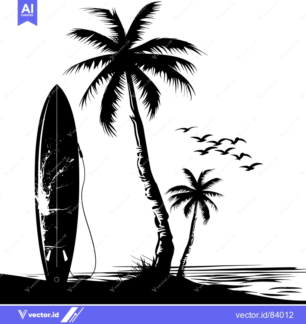 Premium Vector dari Surfboard Leaning Against Palm Trees on a Beach