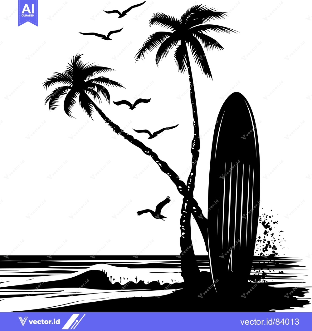 Premium Vector dari Black and White Illustration of Palm Trees, a Surfboard, and Birds on