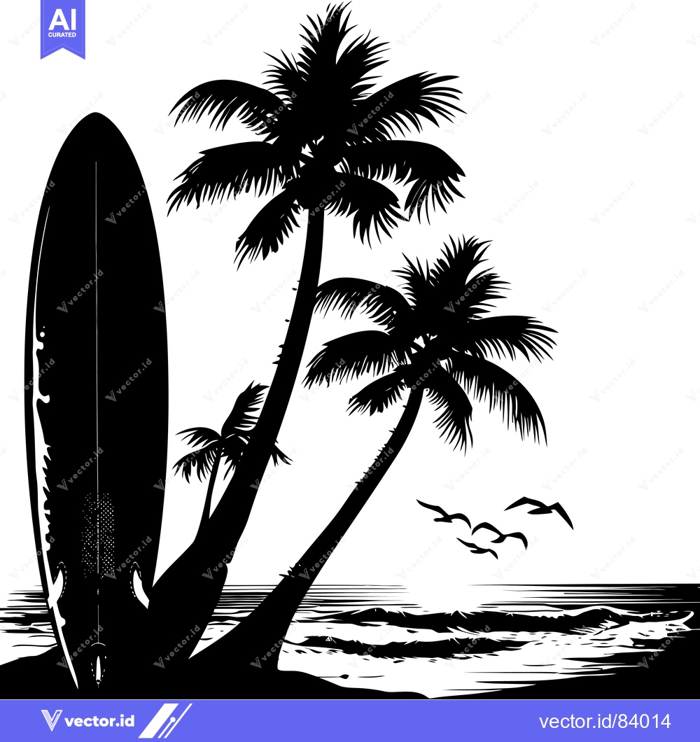 Premium Vector dari Black and White Silhouette of a Surfboard Leaning Against Palm Trees o