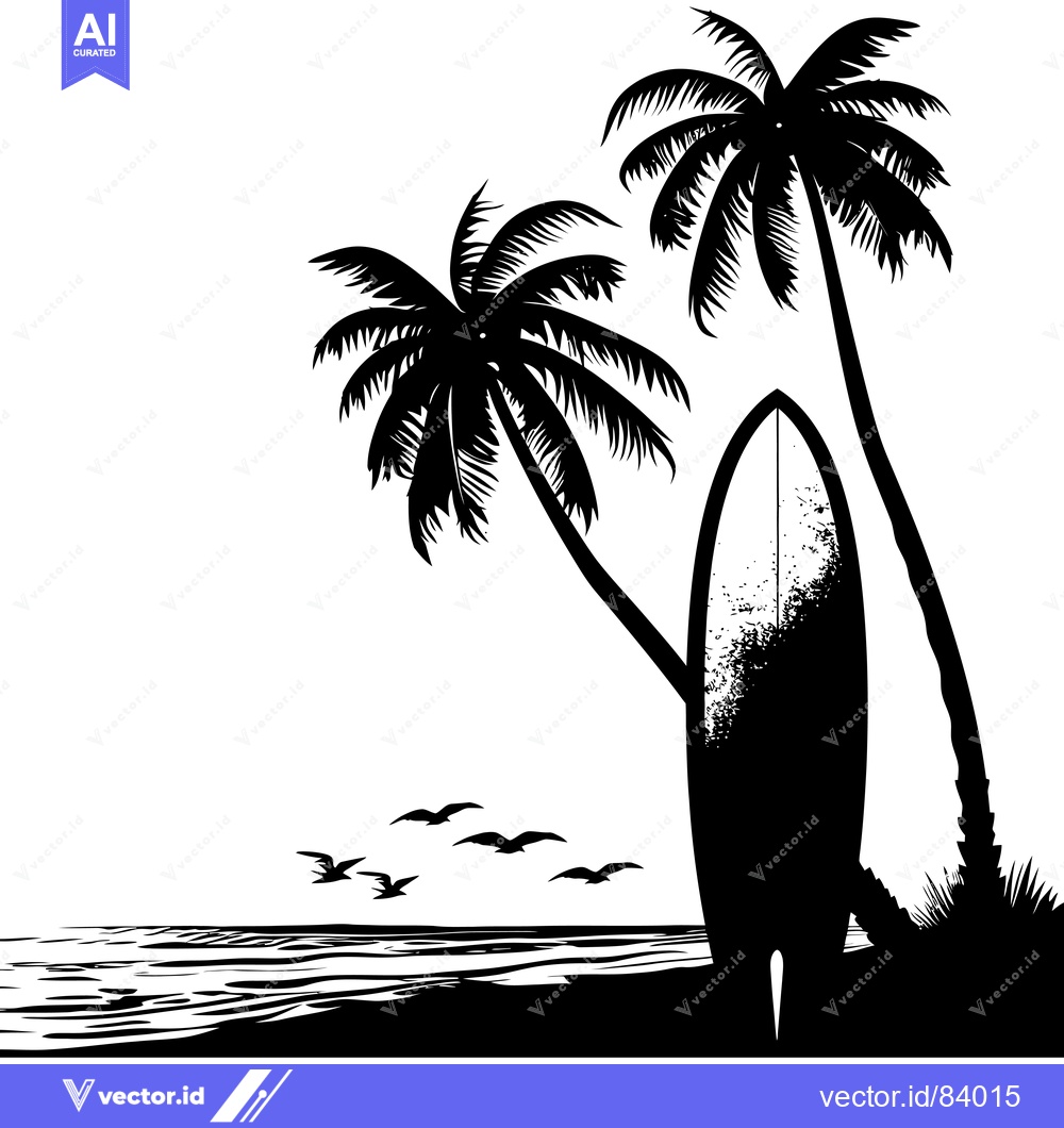Premium Vector of Black and White Silhouette of Palm Trees and a Surfboard on the Beach