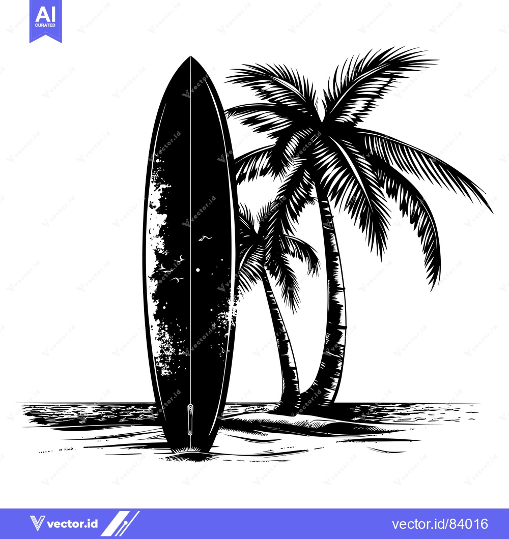 Premium Vector dari A Surfboard Leaning Against Palm Trees on a Beach
