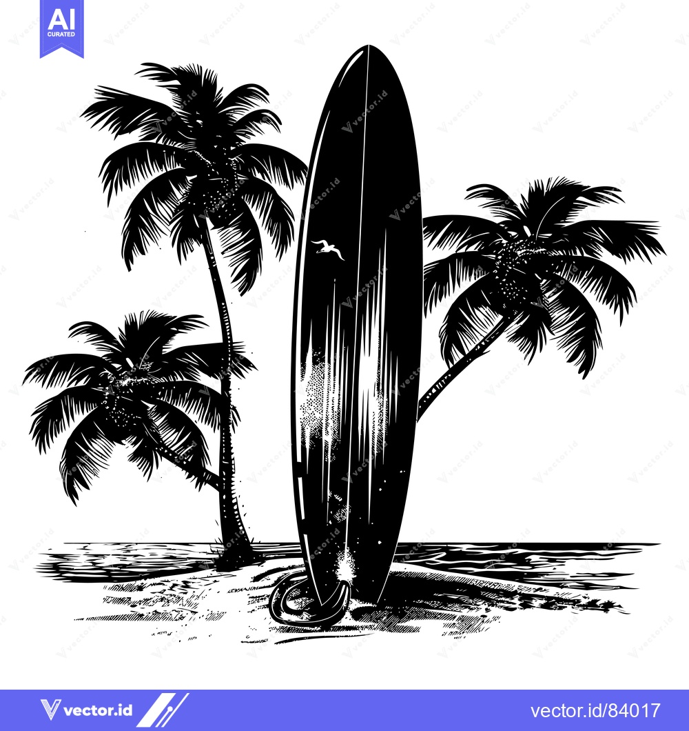 Premium Vector dari Black and White Illustration of a Surfboard with Palm Trees