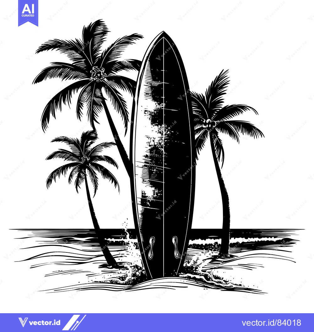 Premium Vector dari Surfboard Standing Tall Amidst Palm Trees and Ocean Waves