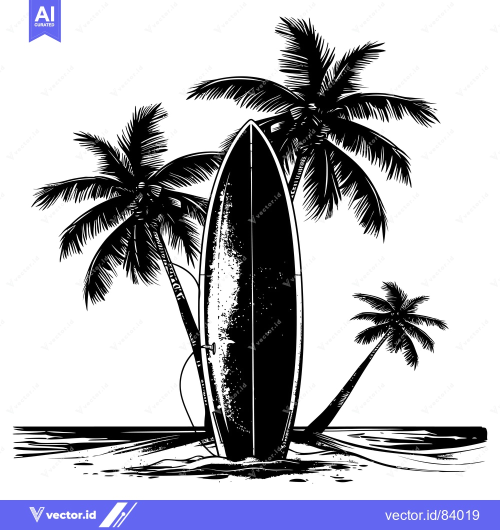 Premium Vector of Surfboard Leaning Against Three Palm Trees on a Beach