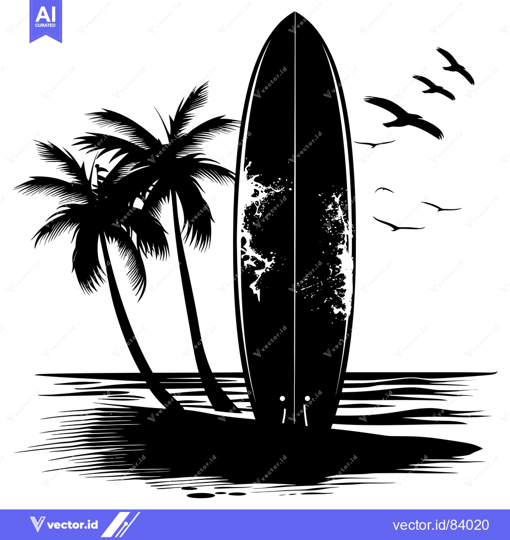 Premium Vector dari Surfboard Standing by Palm Trees on a Beach with Birds Flying Above