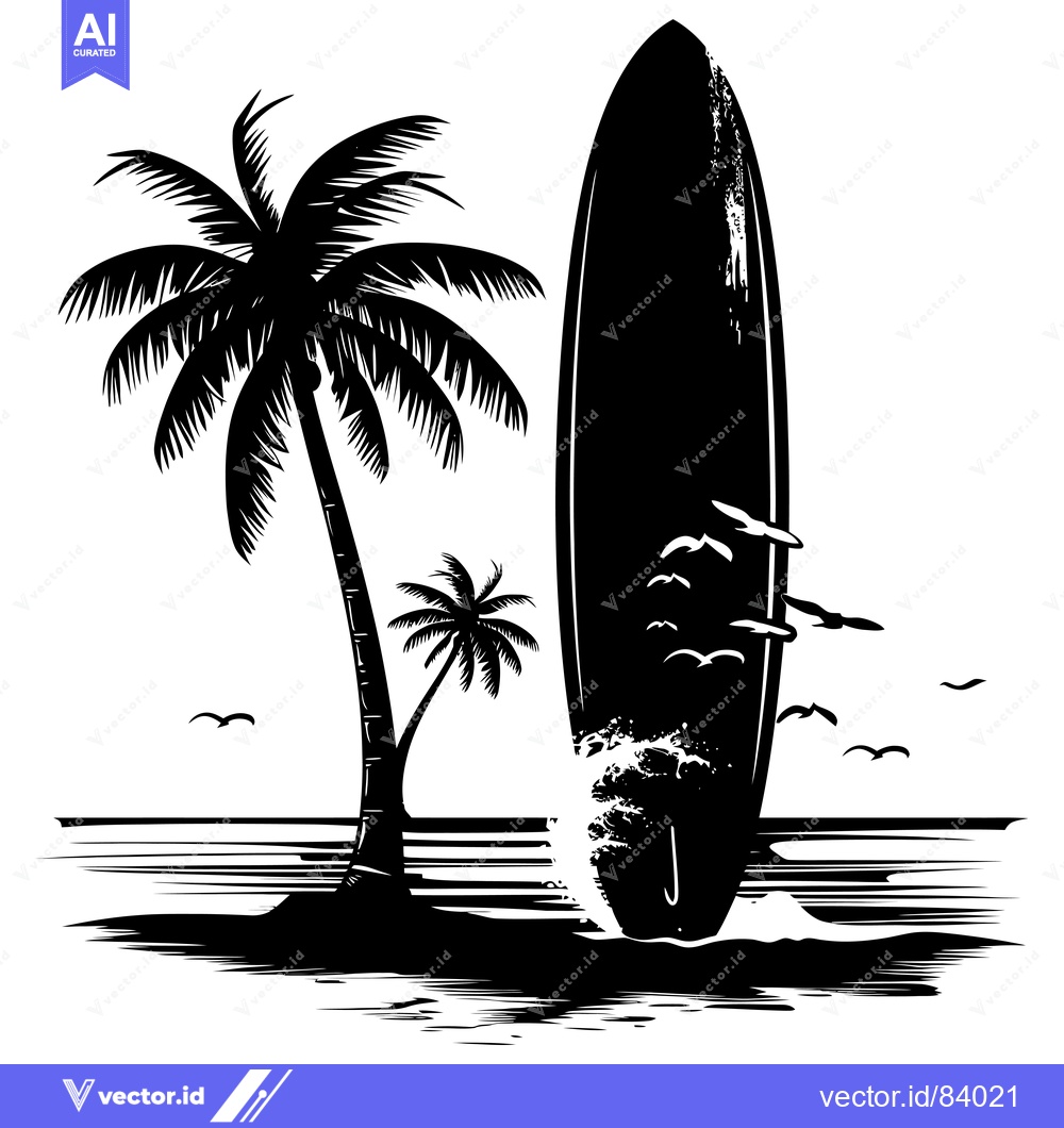 Premium Vector of A Surfboard Standing by a Palm Tree on a Beach