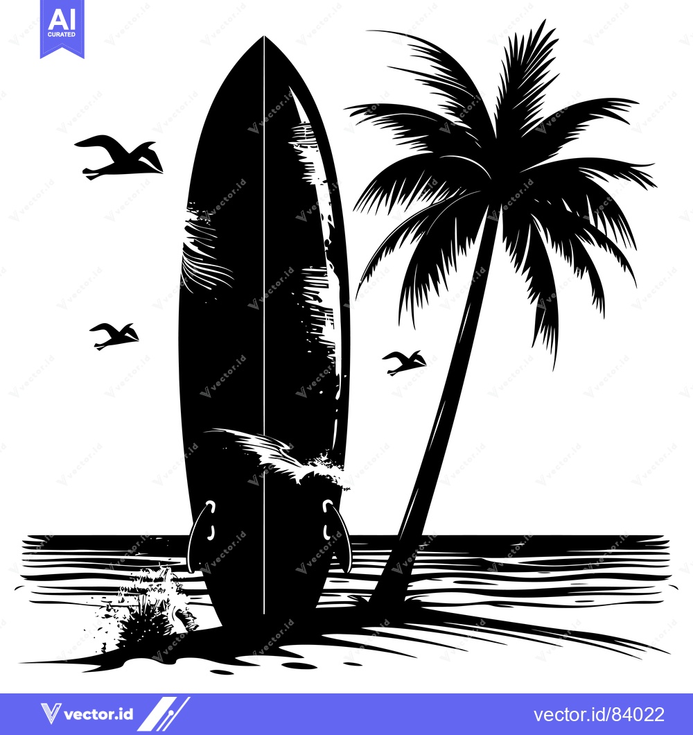 Premium Vector dari Surfboard on Beach with Palm Tree and Birds Flying