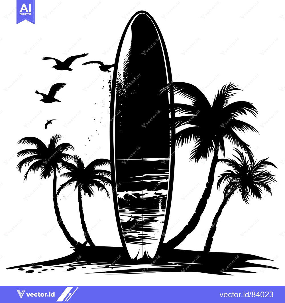 Premium Vector of Silhouette of a surfboard standing upright with palm trees and seagull