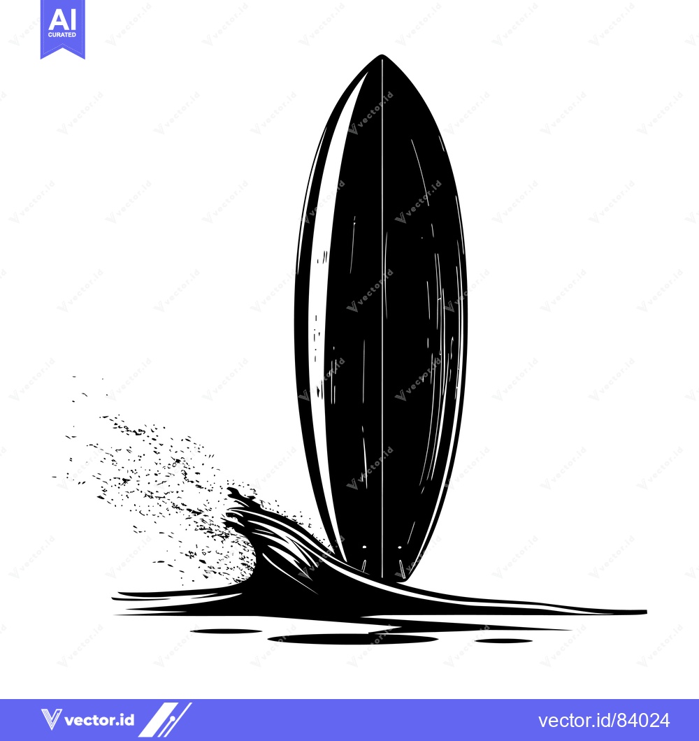 Premium Vector dari Silhouette of a surfboard standing upright in the ocean.