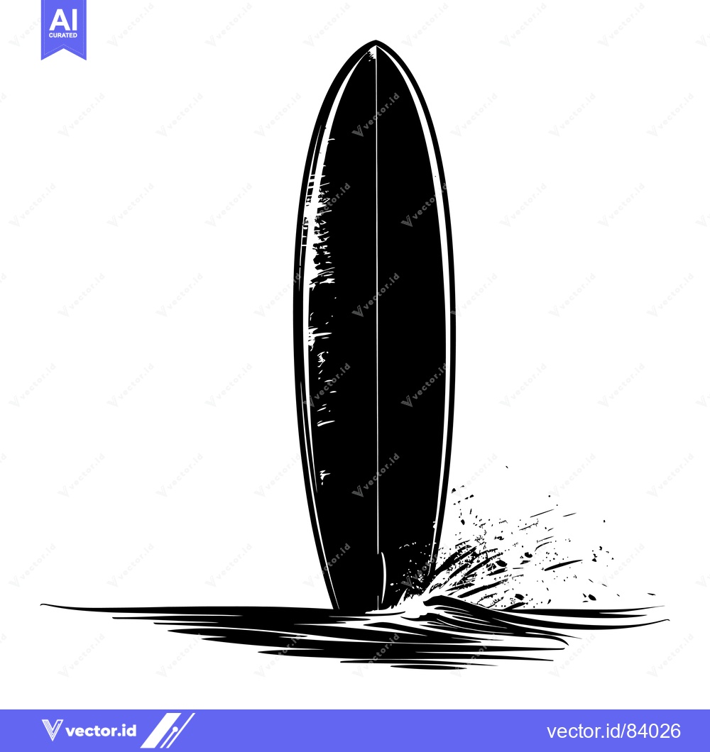 Premium Vector of A black and white silhouette of a surfboard in the ocean with a splash