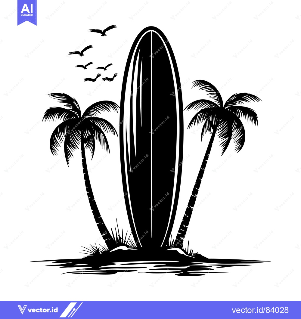 Premium Vector dari Black and White Illustration of a Surfboard Standing Between Two Palm