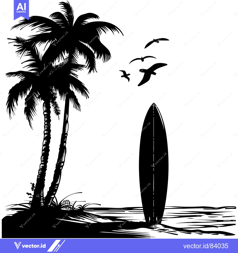Premium Vector dari Silhouette of Palm Trees, Surfboard, and Seagulls on a Beach