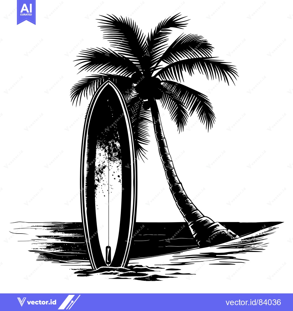 Premium Vector dari Palm Tree and Surfboard on a Beach in Black and White