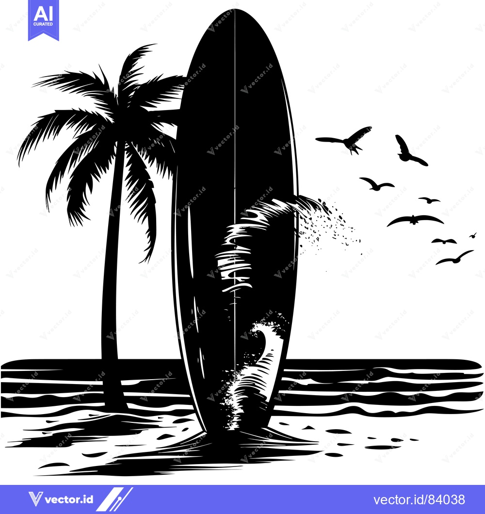 Premium Vector of Black and White Illustration of a Surfboard in the Ocean