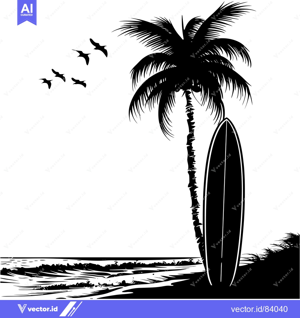 Premium Vector dari Silhouette of a Palm Tree, Surfboard, and Birds on a Beach
