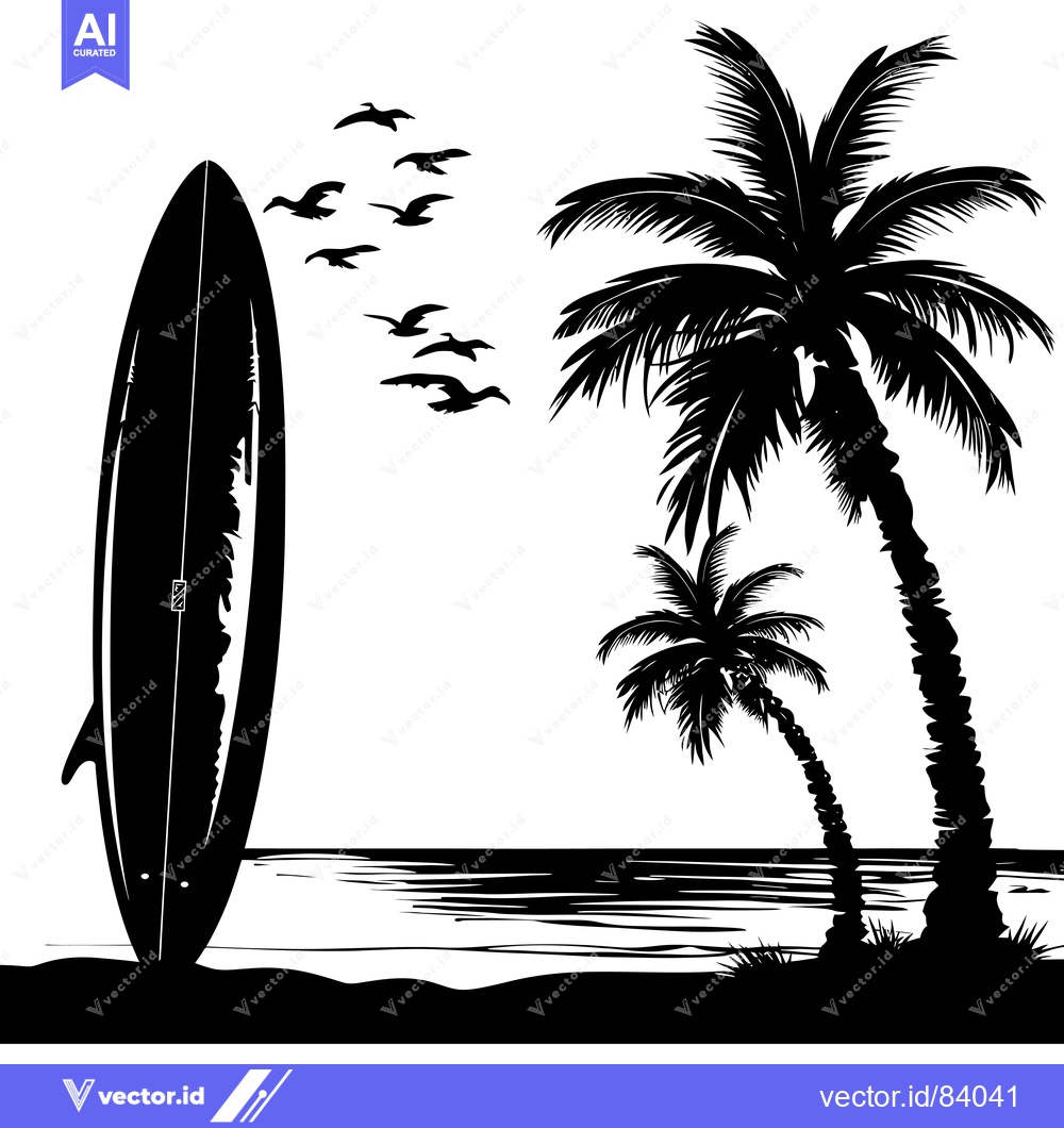 Premium Vector of Silhouette of a Surfboard, Palm Trees, and Birds Flying Over the Ocean