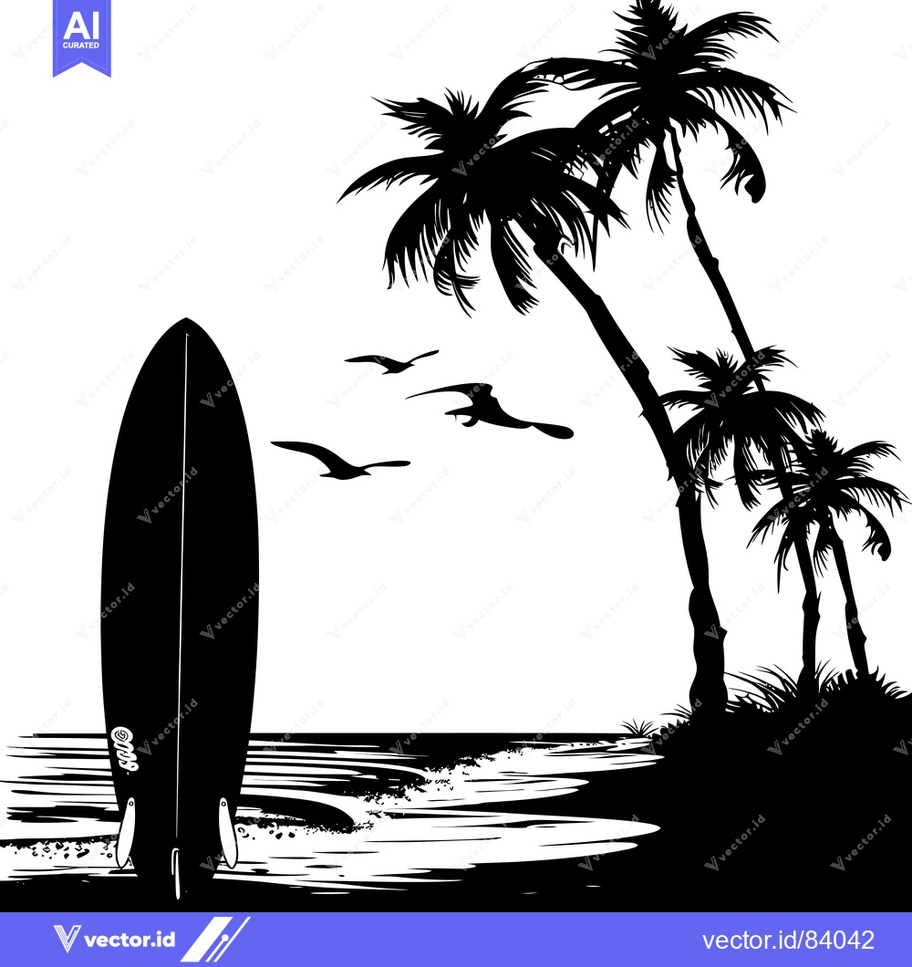 Premium Vector dari Black and White Silhouette of a Surfboard on the Beach with Palm Trees