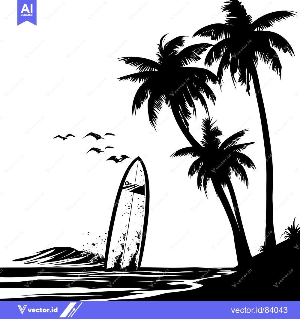 Premium Vector dari Silhouette of a Surfboard Standing Upright in the Ocean with Palm Tree