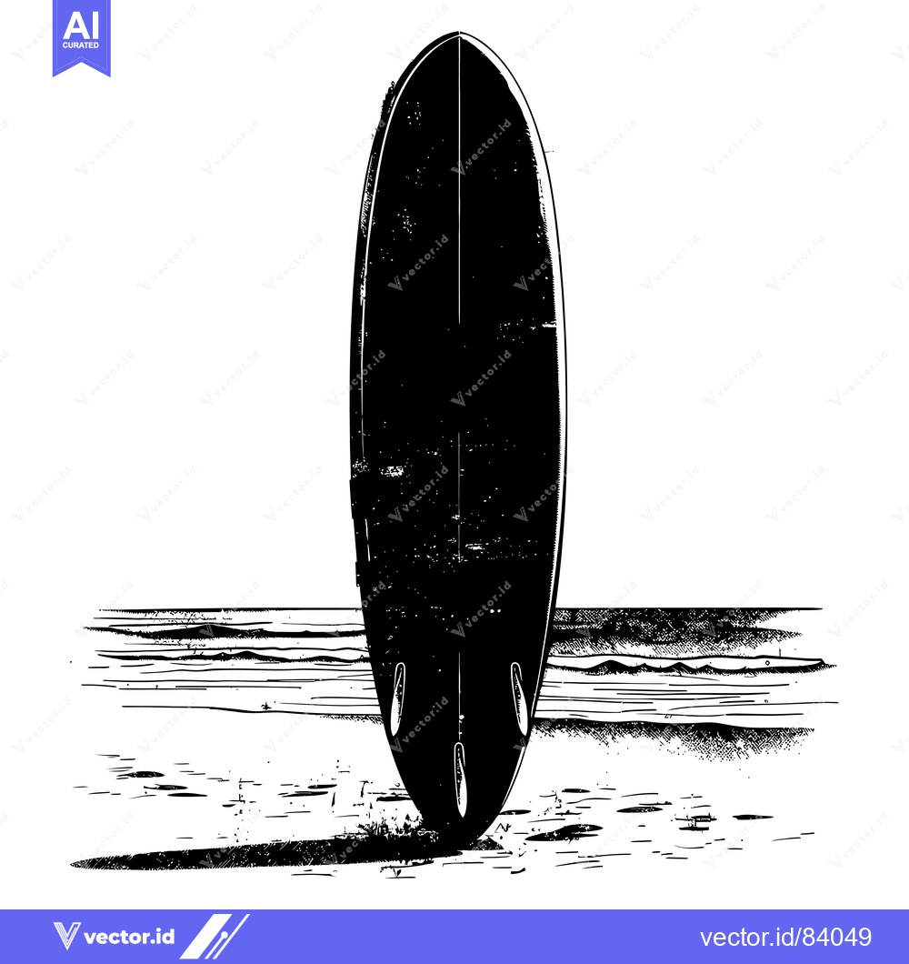 Premium Vector of Black and White Illustration of a Surfboard on a Beach