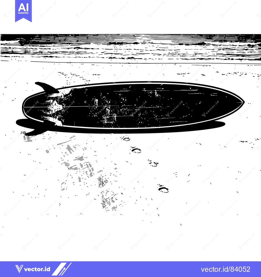 Premium Vector of Black and White Illustration of a Surfboard on a Beach