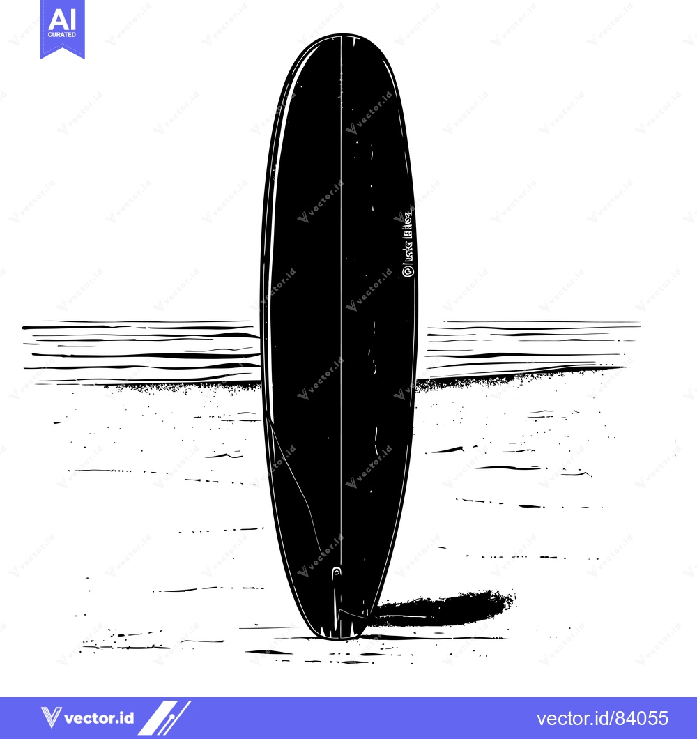 Premium Vector of Black and White Illustration of a Surfboard on a Beach