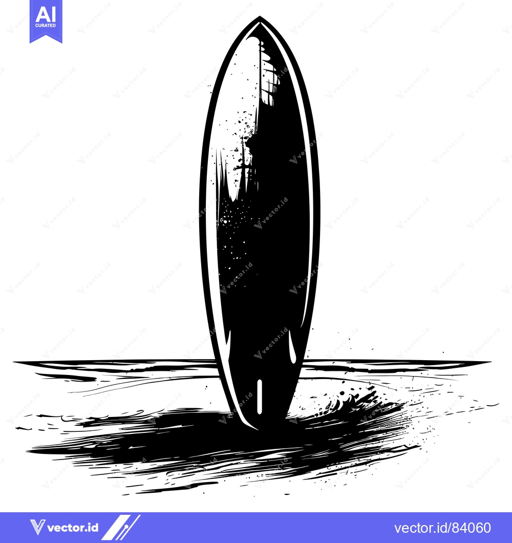 Premium Vector of Black and White Illustration of a Surfboard Standing Upright on a Beac