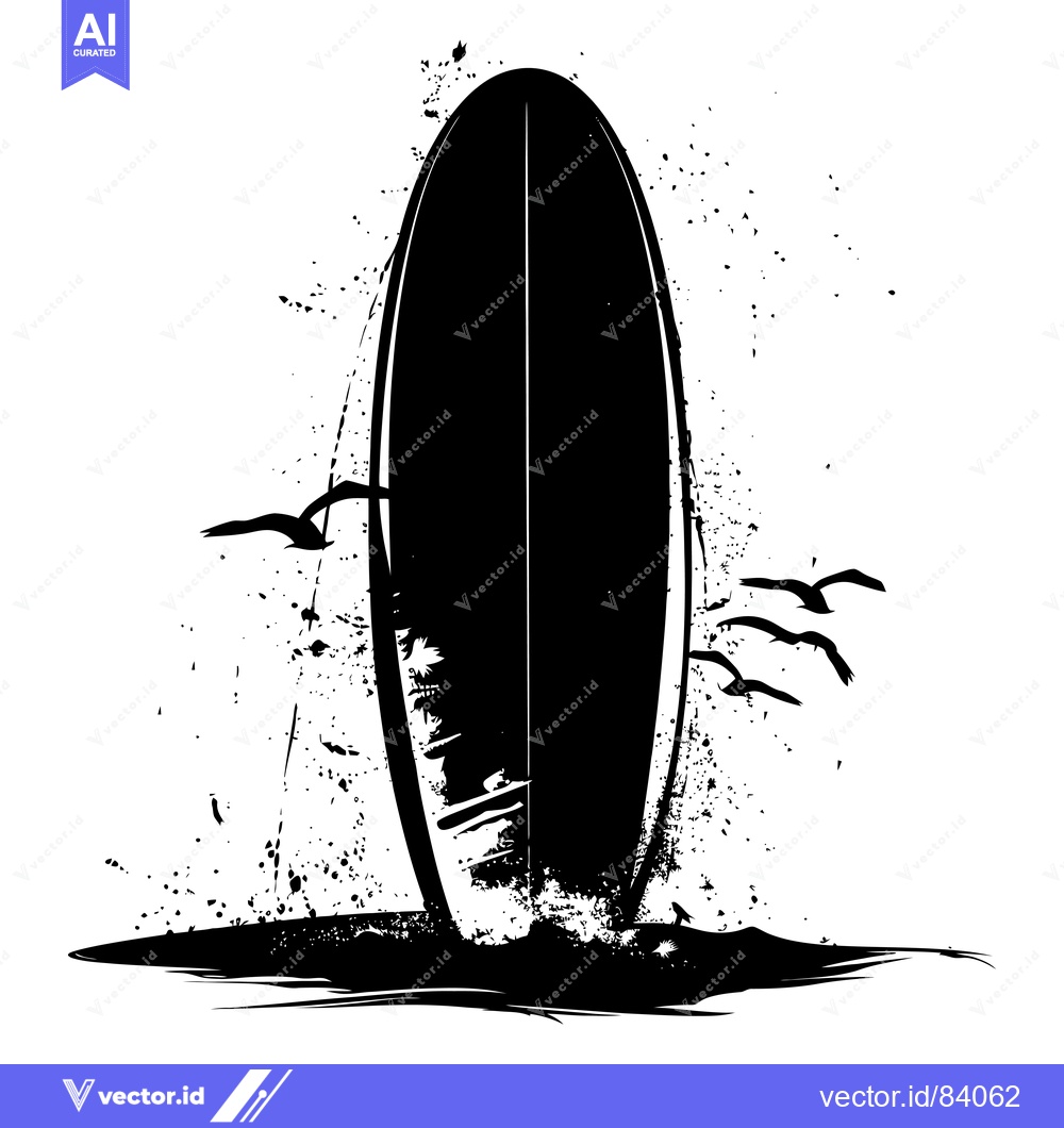 Premium Vector dari Silhouette of a surfboard with seagulls and water splash