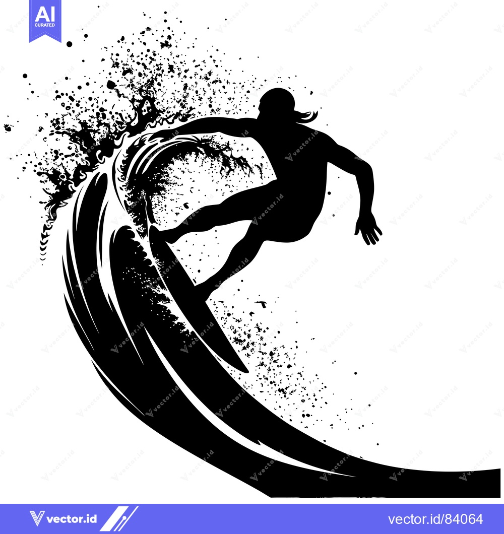 Premium Vector dari Silhouette of a Surfer Riding a Wave with Splashing Water