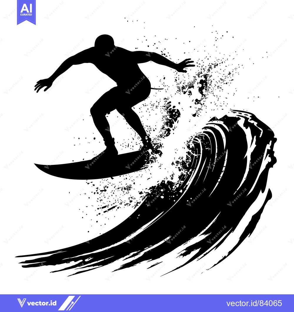 Premium Vector dari Silhouette of a Surfer Riding a Wave with a Grunge Background