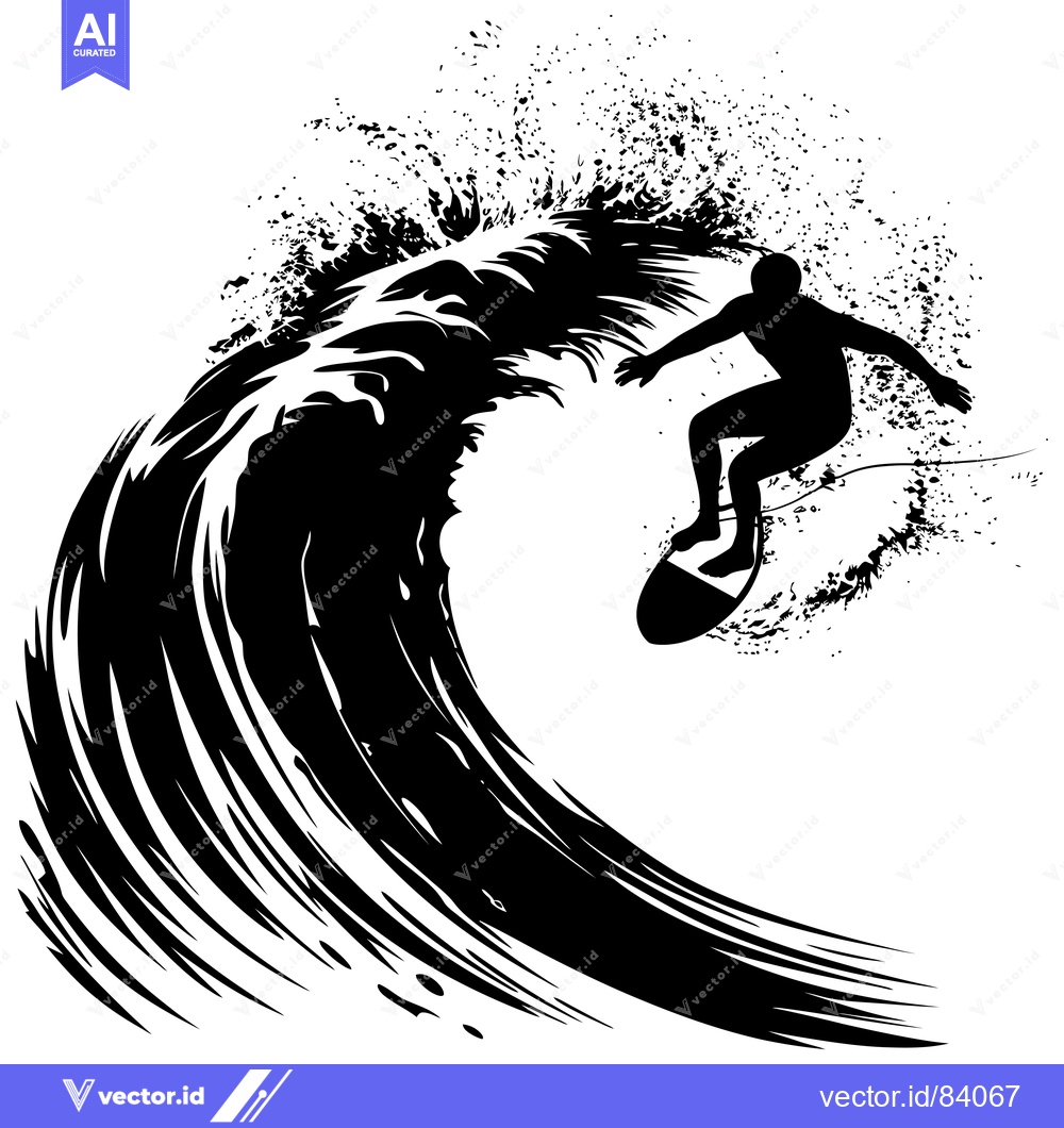 Premium Vector dari Silhouette of a Surfer Riding a Wave with Splashing Water