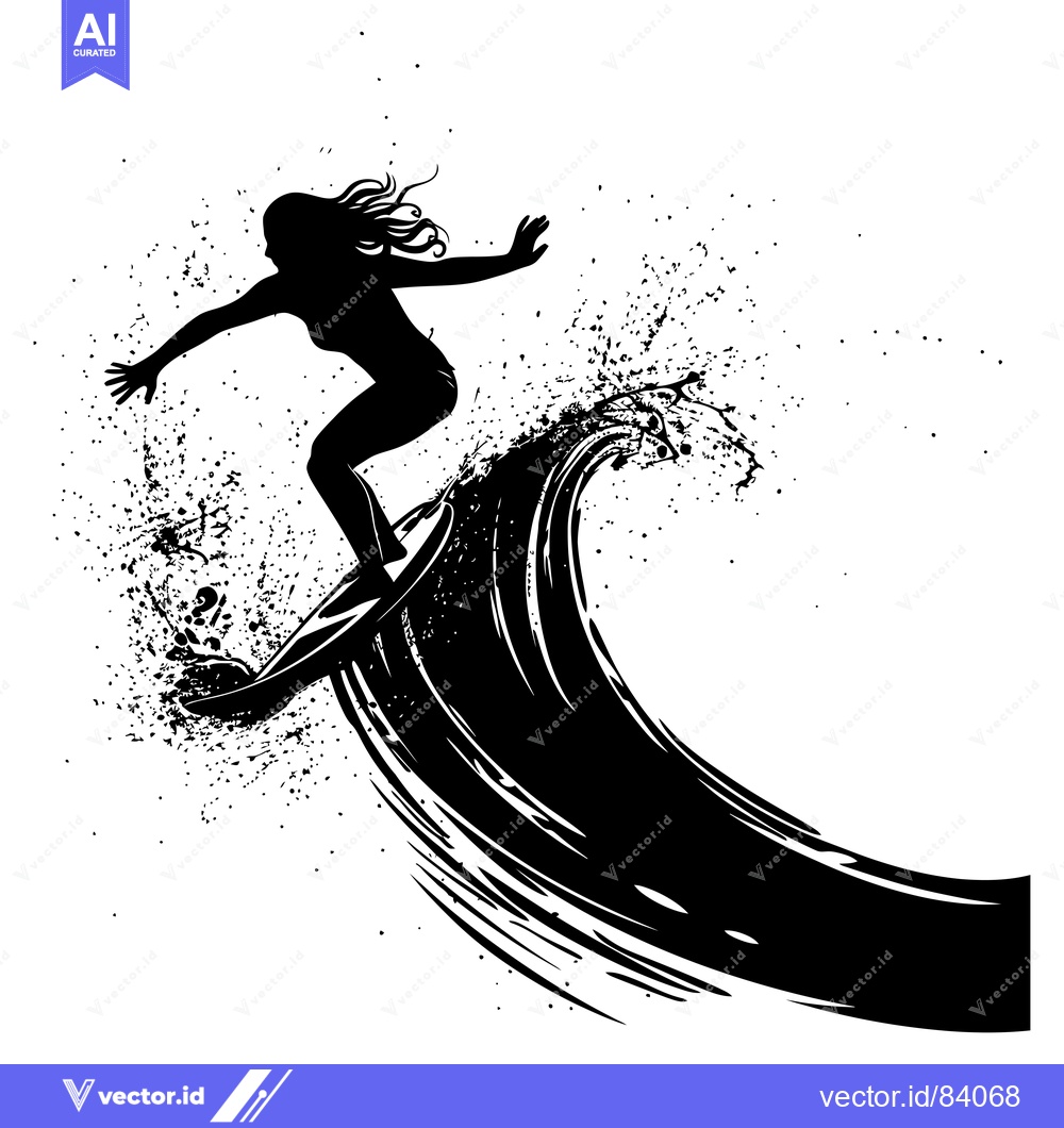 Premium Vector dari Silhouette of a Female Surfer Riding a Wave