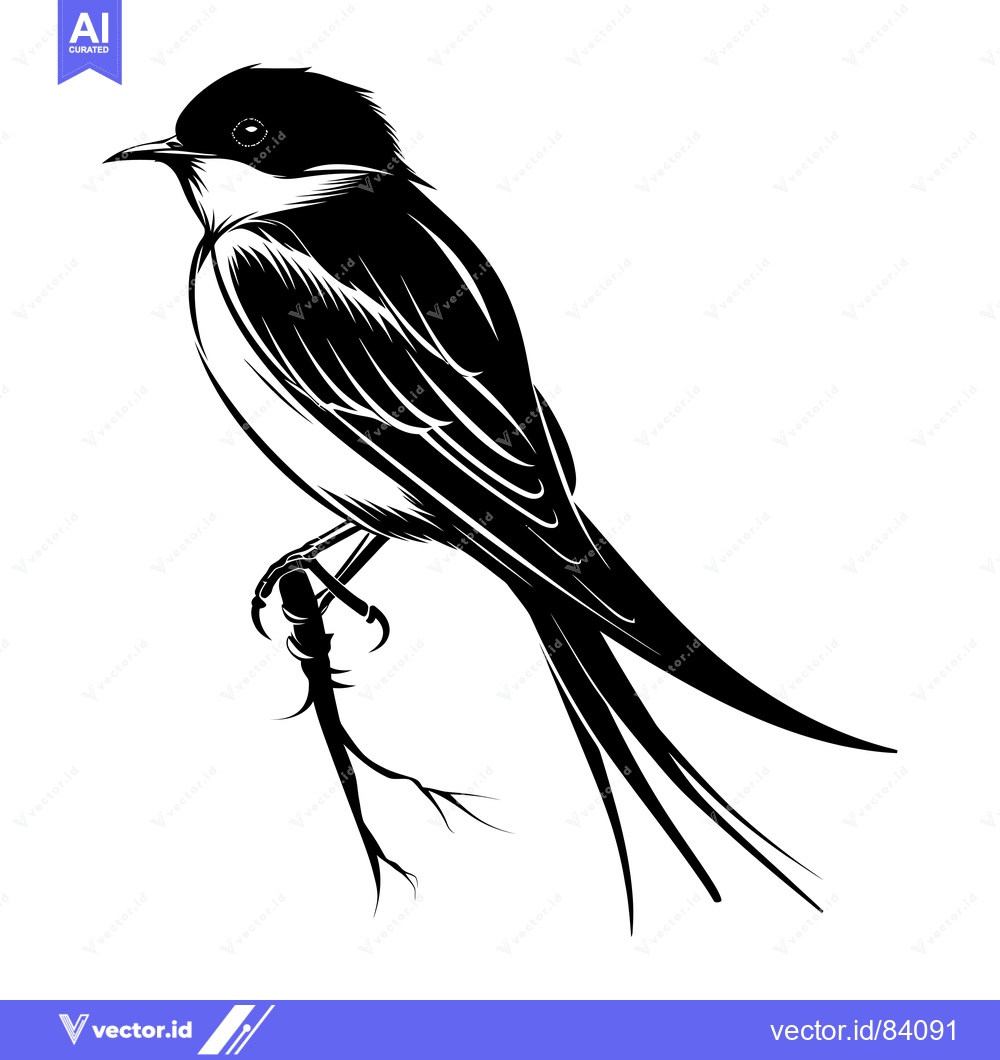 Premium Vector dari Black and White Illustration of a Swallow Perched on a Branch