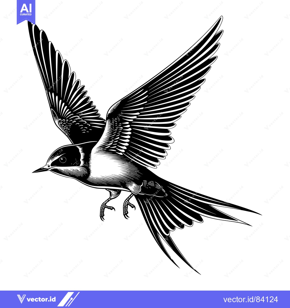 Premium Vector of Black and White Illustration of a Bird in Flight with Spread Wings