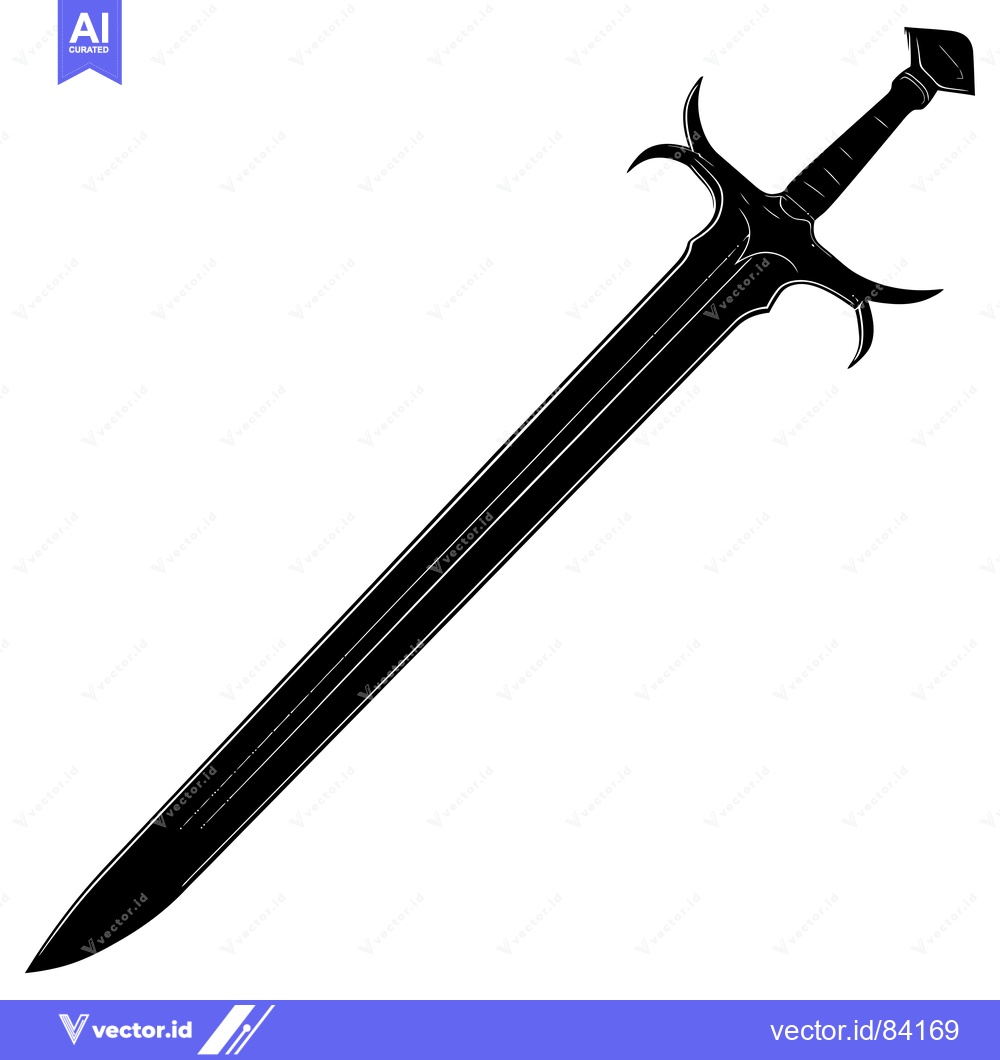 Premium Vector of Black and White Illustration of a Sword with a Curved Hilt