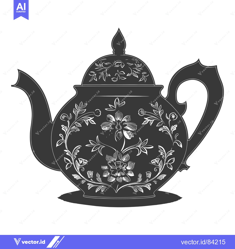 Premium Vector dari Ornate Black and White Teapot with Floral Design