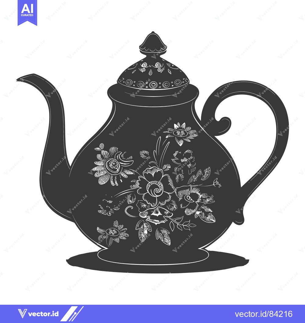 Premium Vector dari Ornate Black and White Teapot with Floral Design