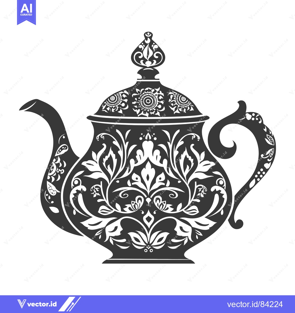 Premium Vector dari Ornate Black and White Teapot with Floral Design