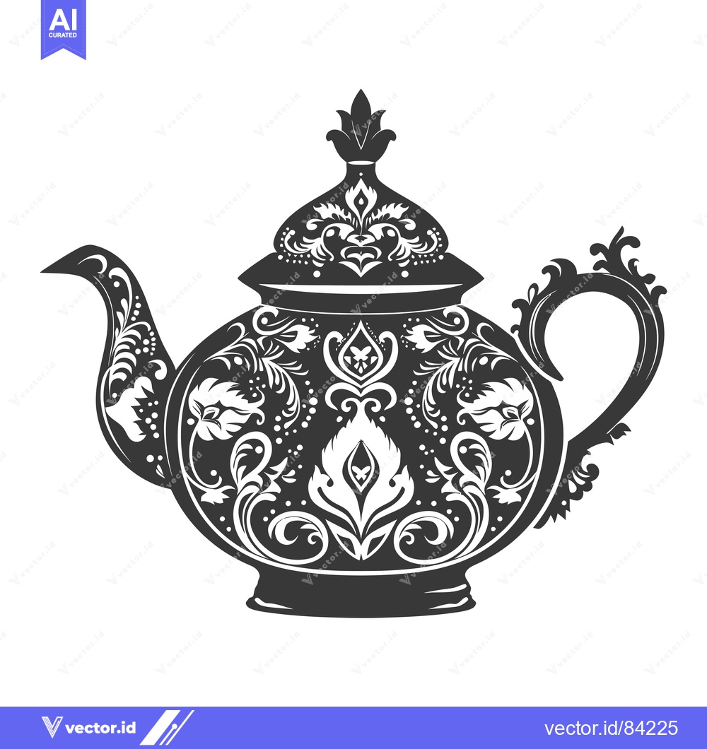 Premium Vector dari Ornate Black and White Teapot with Floral Design