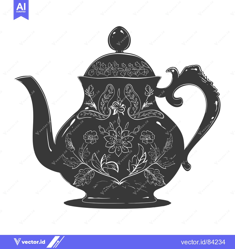 Premium Vector dari Ornate Black and White Teapot with Floral Design
