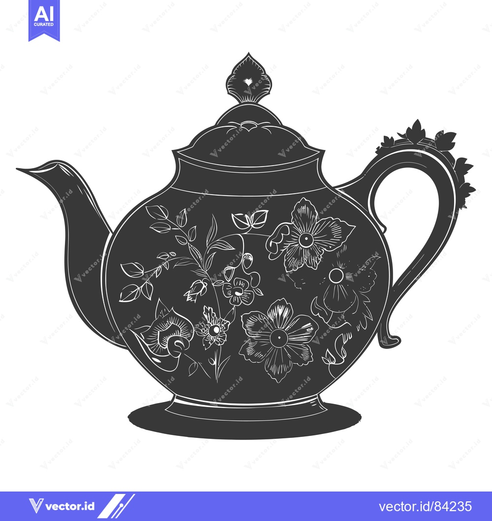 Premium Vector dari Black and White Illustration of a Teapot with Floral Design