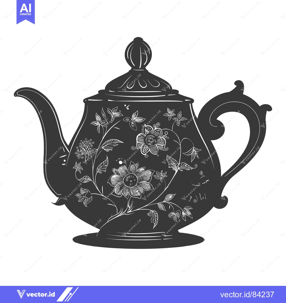 Premium Vector dari Ornate Black and White Teapot with Floral Design