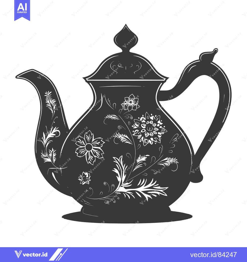 Premium Vector dari Ornate Black and White Teapot with Floral Design